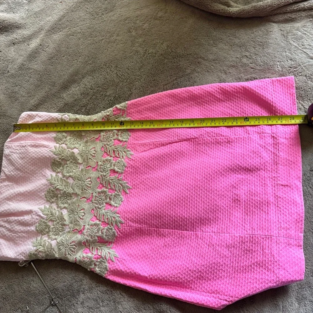 Lilly Pulitzer Pink Seersucker Strapless Lace Dress Gold Floral Applique Size 6 - Picture 9 of 11